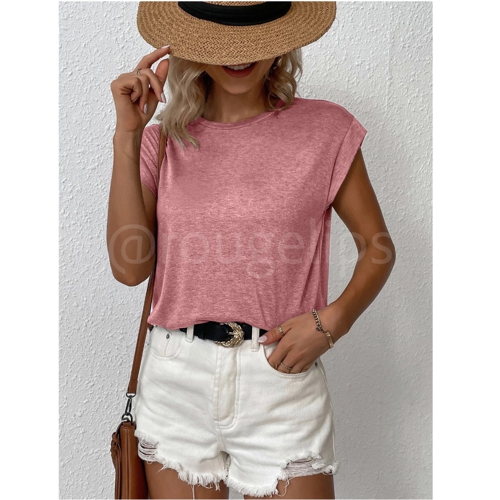 Pink Crew Neck Muscle Tee Top Shirt Cap Sleeve, Round Neck - Picture 2 of 8